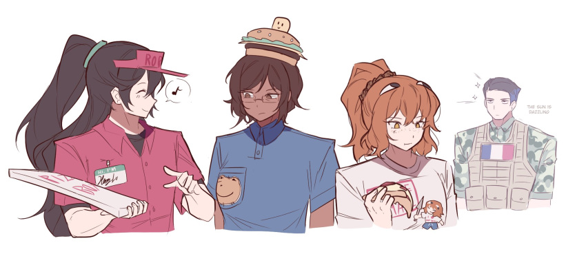 blue_shirt, blush, burger, burger_hat, camouflage, closed_eyes, closed_mouth, collared_shirt, cosplay, eating, elliot_(roblox), elliot_(roblox)_(cosplay), food, forsaken_(roblox), hair_slicked_back, highres, hong_lu_(project_moon), ishmael_(project_moon), limbus_company, meridian_cities, meursault_(project_moon), orange_eyes, orange_hair, outis_(project_moon), pizza, pizza_box, ponytail, project_moon, roblox, shedletsky_(roblox), shedletsky_(roblox)_(cosplay), shirt, short_sleeves, sidelocks, simple_background, smile, white_background