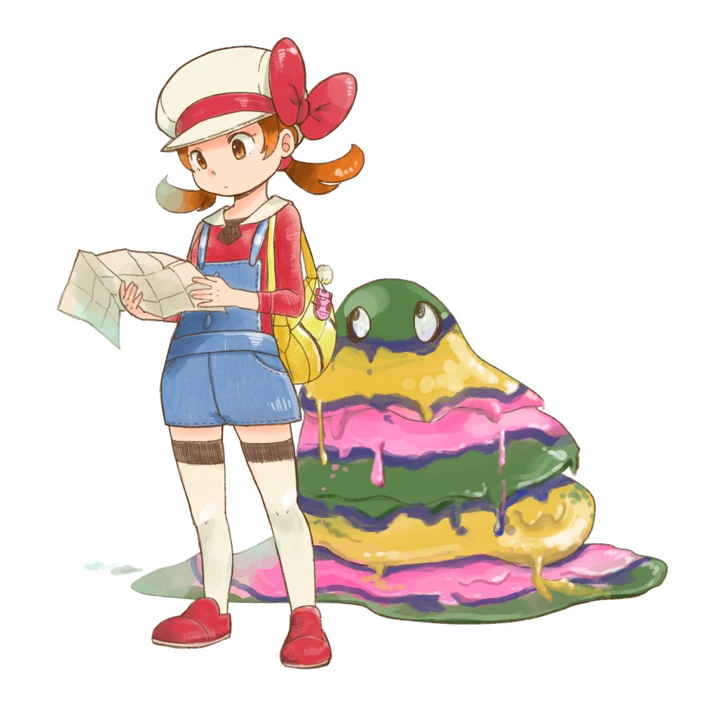 1girl, alolan_grimer, blue_overalls, brown_eyes, brown_hair, c_notaso, cabbie_hat, full_body