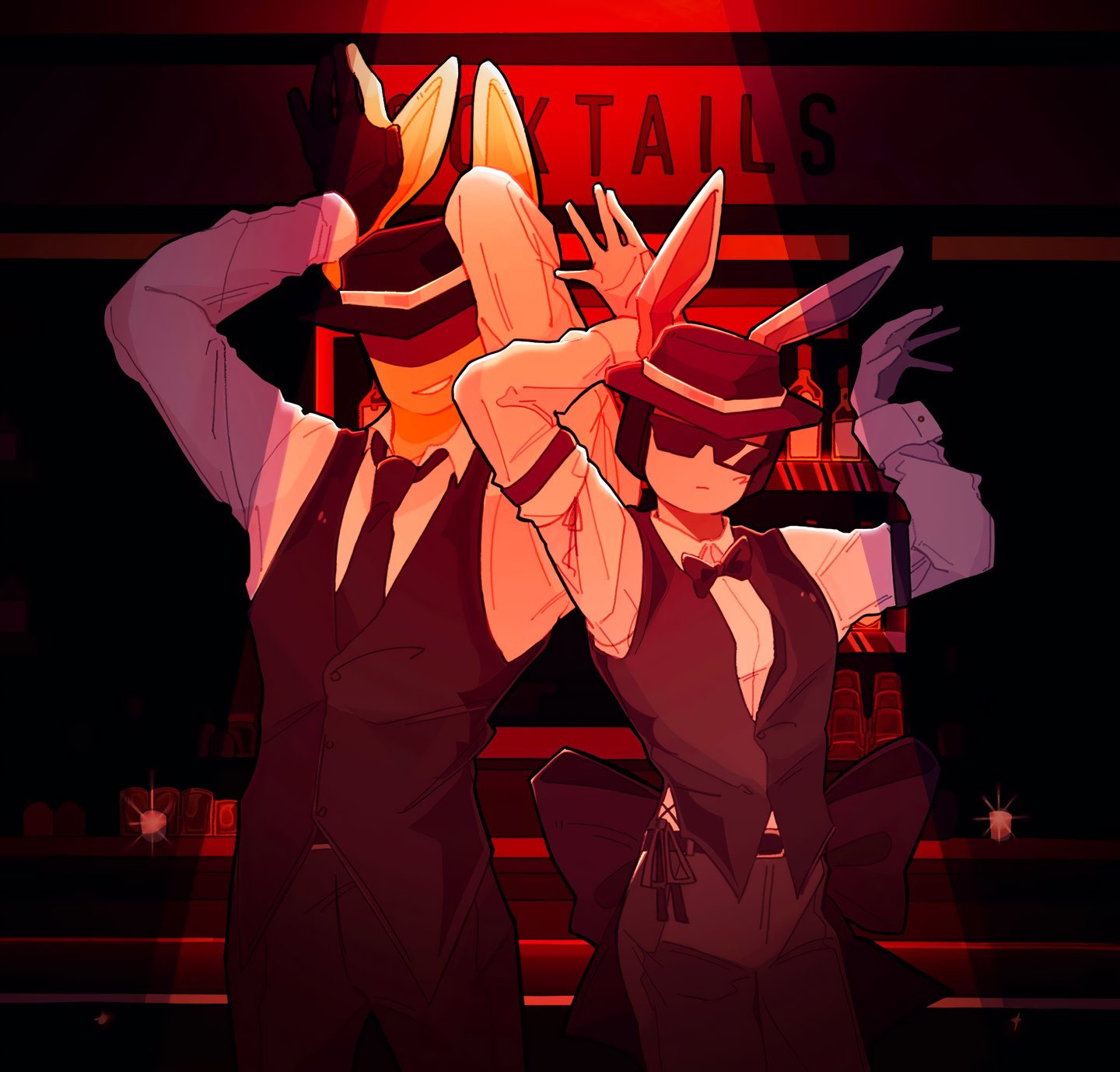 2boys, animal_ears, arm_strap, arms_up, back_bow, bar_(place), black_bow, black_bowtie, black_gloves, black_hat, black_vest, blush, bow, bowtie, chance_(forsaken), closed_mouth, colored_skin, dream_game, fedora, forsaken_(roblox), gloves, hat, highres, indoors, long_sleeves, looking_at_viewer, mafioso_(dream_game), multiple_boys, nyangimochi, parted_lips, rabbit_ears, roblox, single_glove, smile, sunglasses, vest, white_skin, wrist_cuffs, yellow_skin