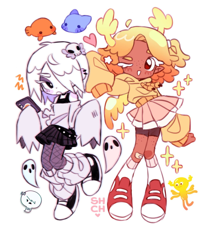 2girls, antlers, blonde_hair, brown_eyes, carrie_krueger, colored_skin, commentary, dark-skinned_female