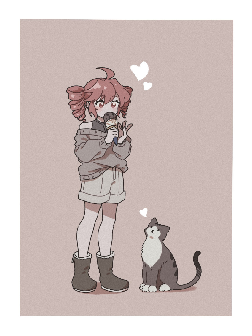 1girl, ahoge, bare_shoulders, black_footwear, black_shirt, boots, brown_shorts, brown_sweater, cat, double-parted_bangs, drill_hair, food, full_body, hair_between_eyes, highres, ice_cream, ice_cream_cone, kasane_teto, off_shoulder, ontama_carbonara, pink_background, red_eyes, red_hair, shirt, shorts, sleeveless, sleeveless_shirt, sweater, twin_drills, twintails, utau
