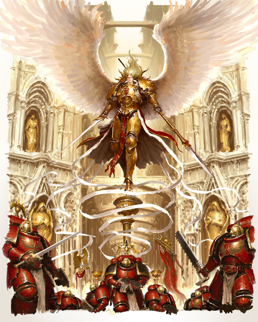 6+boys, absurdres, adeptus_astartes, angel_wings, armor, blade_encarmine, blonde_hair, blood_angels
