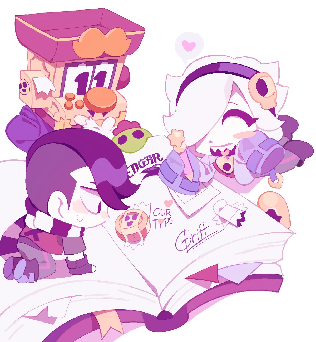 1girl, 2boys, adult, blush, brawl_stars, chibi, chibi_only, colette_(brawl_stars)