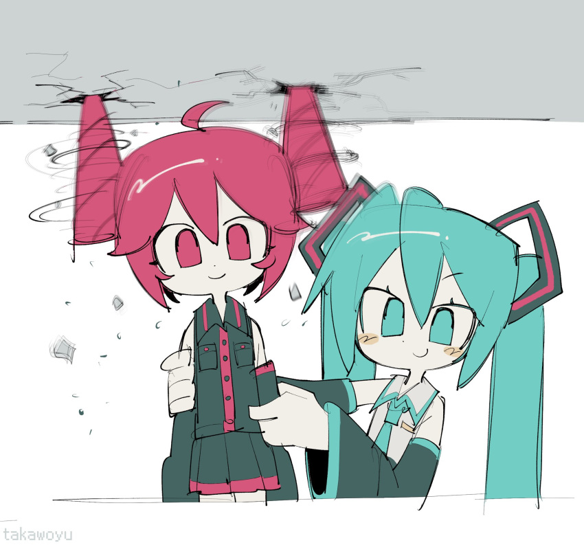 2girls, ahoge, aqua_eyes, aqua_hair, aqua_necktie, aqua_trim, artist_name, bare_shoulders