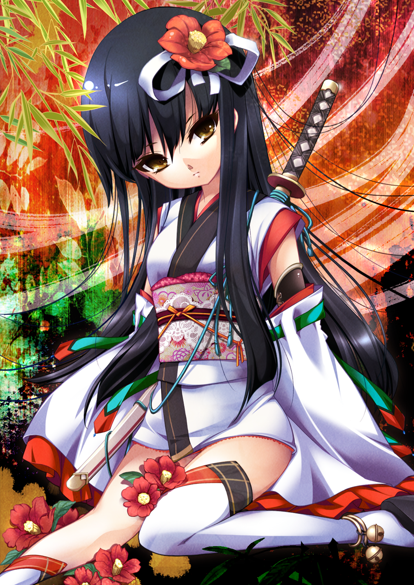 1girl, asymmetrical_thigh-highs, black_hair, camellia_(flower), detached_sleeves, flower, hair_flower, hair_ornament, head_tilt, highres, japanese_clothes, katana, kimono, long_hair, obi, original, room603, short_kimono, single_thighhigh, solo, sword, thighhighs, weapon, white_legwear, yellow_eyes