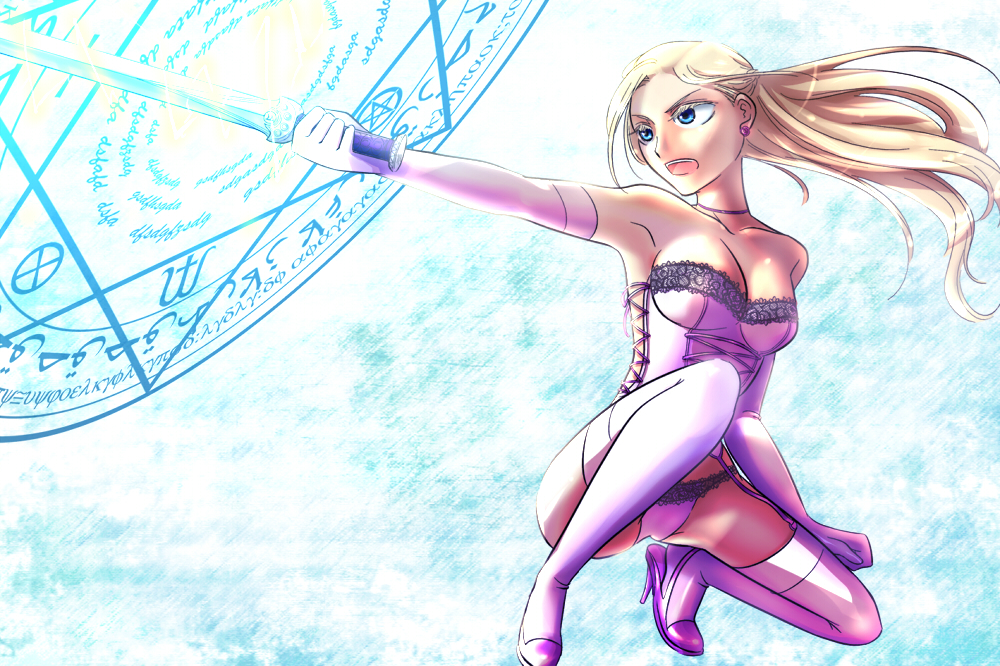 blue_eyes, breasts, celes_chere, chiruru, cleavage, corset, earrings, elbow_gloves, female, final_fantasy, final_fantasy_vi, garters, gloves, high_heels, i-chiro, jewelry, legs, lingerie, long_hair, magic, magic_circle, open_mouth, panties, shoes, solo, squat, squatting, sword, thigh-highs, thighhighs, thighs, underwear, weapon, white_gloves, white_legwear, white_thighhighs