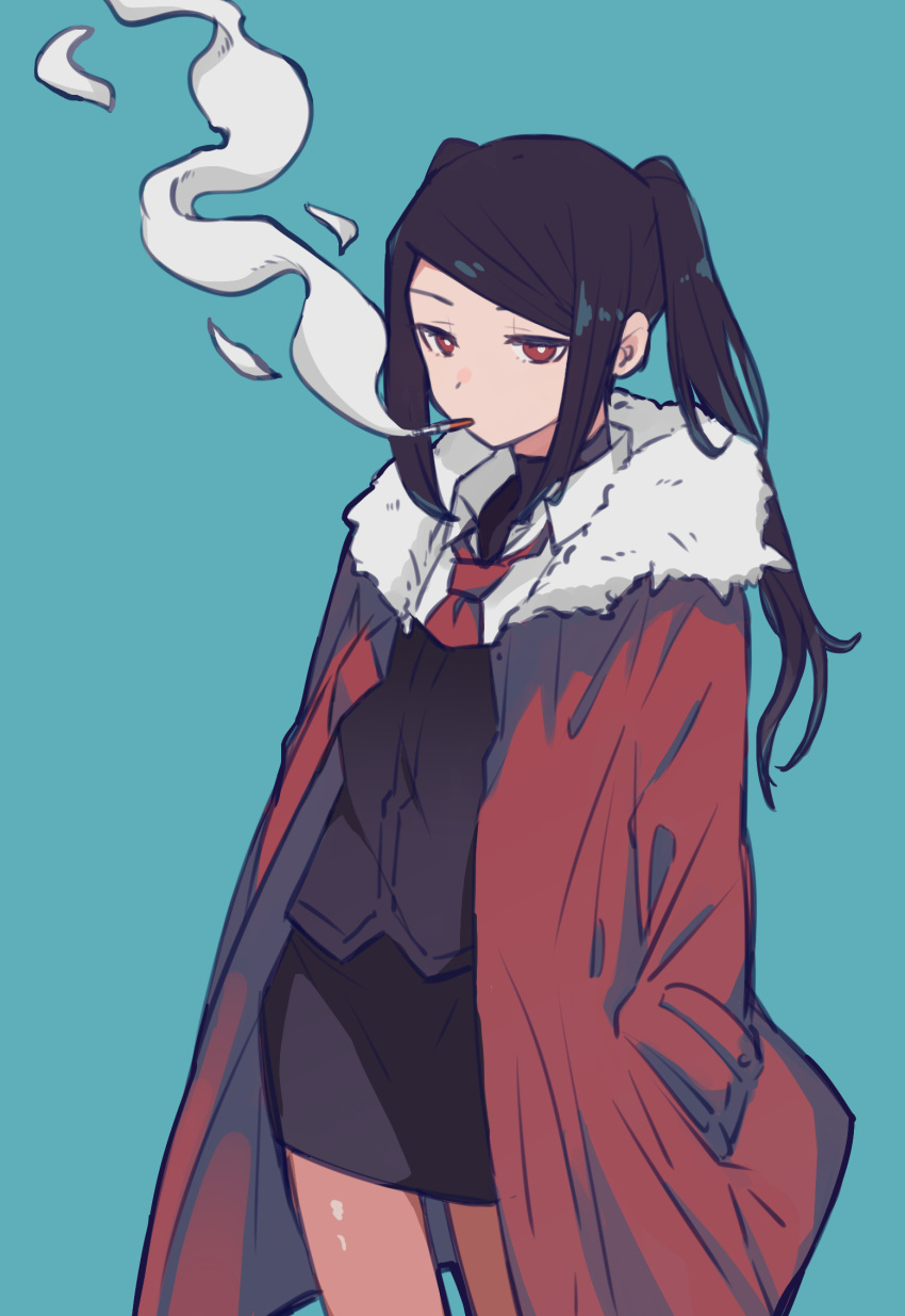 1girl, aqua_background, black_hair, black_pantyhose, black_skirt, cigarette, coat, collared_shirt