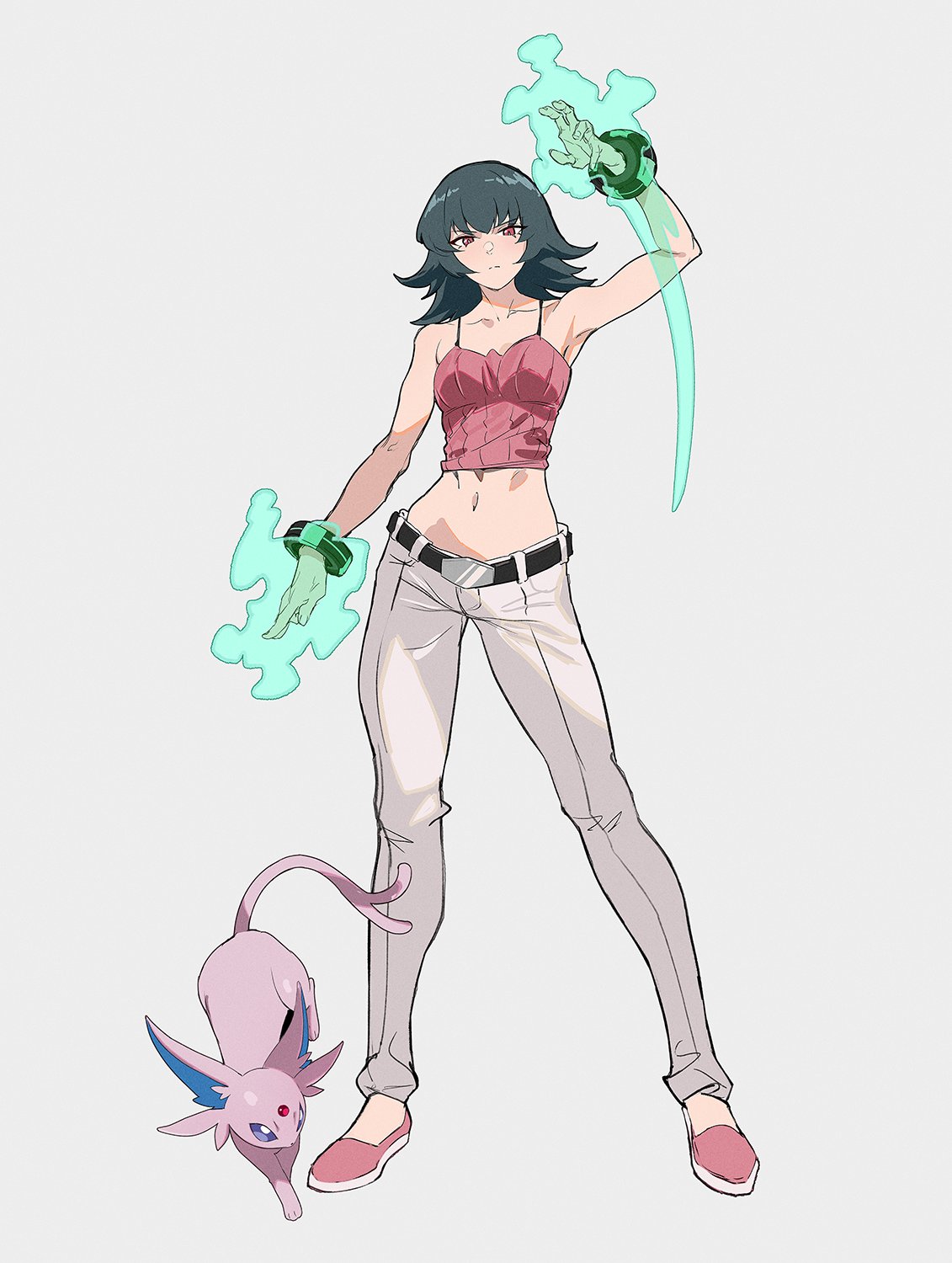 1girl, arm_up, aura, bangle, bare_shoulders, black_hair, body_fur, bracelet