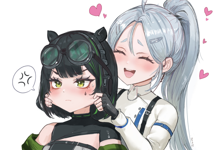 2girls, anger_vein, animal_ears, asymmetrical_clothes, belt, black_belt, black_choker, black_hair