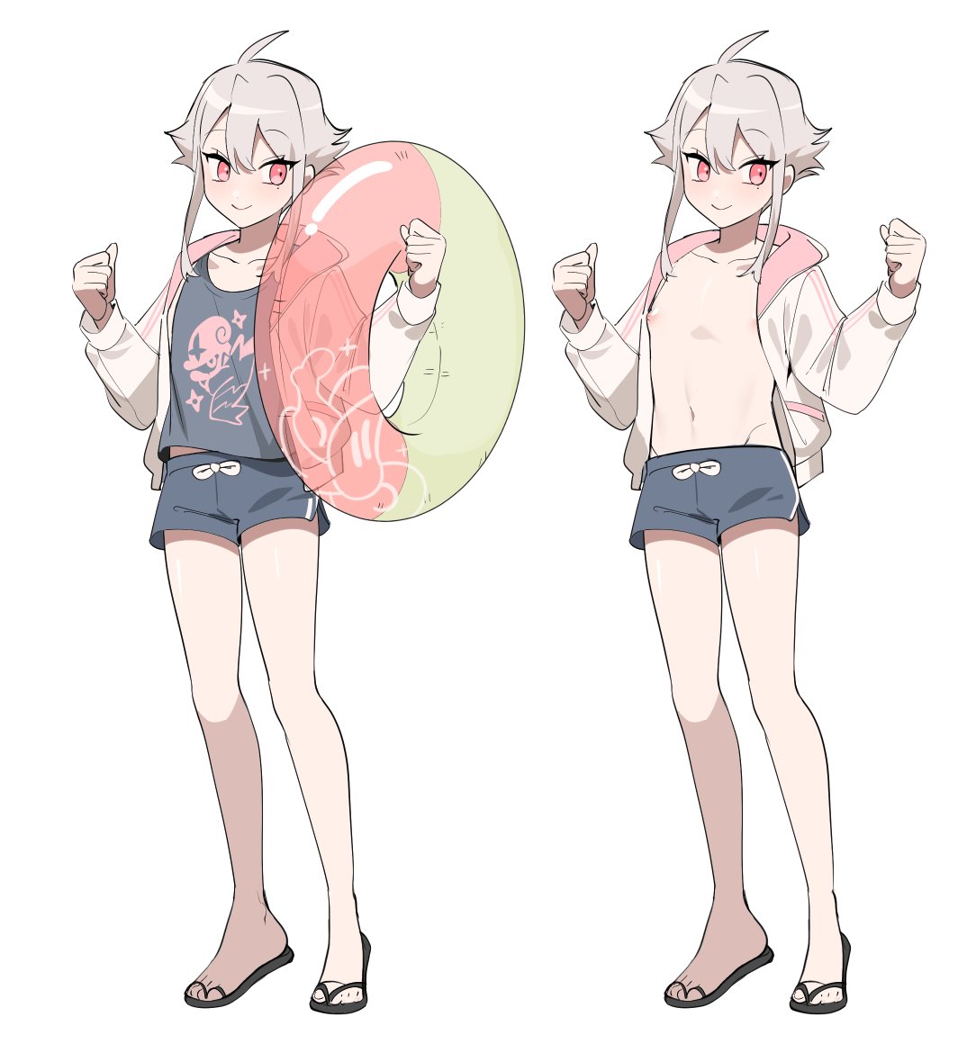 1boy, ahoge, blue_shirt, blush, chinese_commentary, collarbone, commentary_request, feet, full_body, hair_between_eyes, hood, hoodie, legs, light_blush, light_smile, long_sidelocks, long_sleeves, ming_(5unri5e666), mole, mole_under_eye, navel, nipples, original, otoko_no_ko, pants, red_eyes, sandals, shirt, short_hair, short_shorts, shorts, sidelocks, simple_background, smile, stomach, t-shirt, thighs, toes, white_background, white_hair, white_hoodie