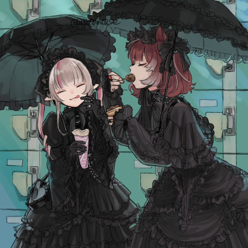 2girls, absurdres, akami_karubi, animal_ears, black_dress, black_gloves, cat_ears, closed_eyes