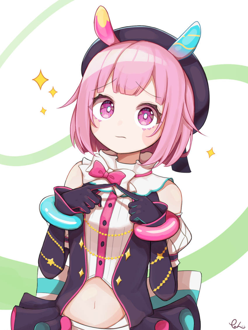 1girl, bare_shoulders, black_gloves, black_hat, black_jacket, blunt_bangs, blush, blush_stickers