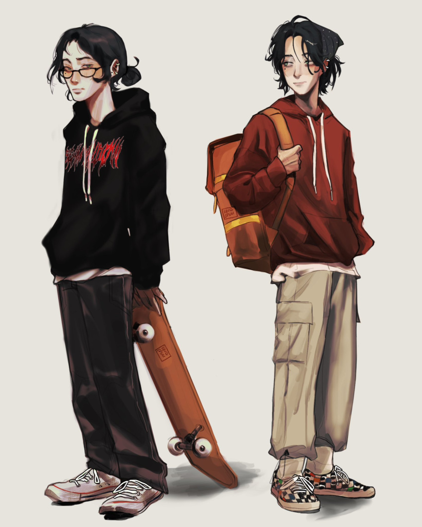 1girl, androgynous, artist_logo, bag, black-framed_eyewear, black_hair, black_hoodie, black_pants, bluechuu, blush, closed_mouth, commentary, ear_piercing, full_body, glasses, green_eyes, hair_bun, hand_in_pocket, hashtag-only_commentary, highres, holding, holding_skateboard, holding_strap, hood, hoodie, kininatteru_hito_ga_otoko_ja_nakatta, koga_mitsuki, logo, looking_at_another, multiple_views, pants, piercing, print_hoodie, red_hoodie, shoes, short_hair, simple_background, single_hair_bun, skateboard, sneakers, standing, streetwear, tomboy