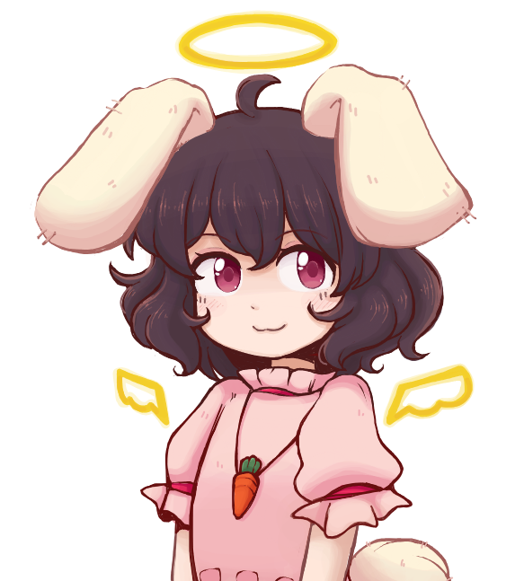 1girl, :3, animal_ears, black_hair, carrot_necklace, closed_mouth, dress, floppy_ears