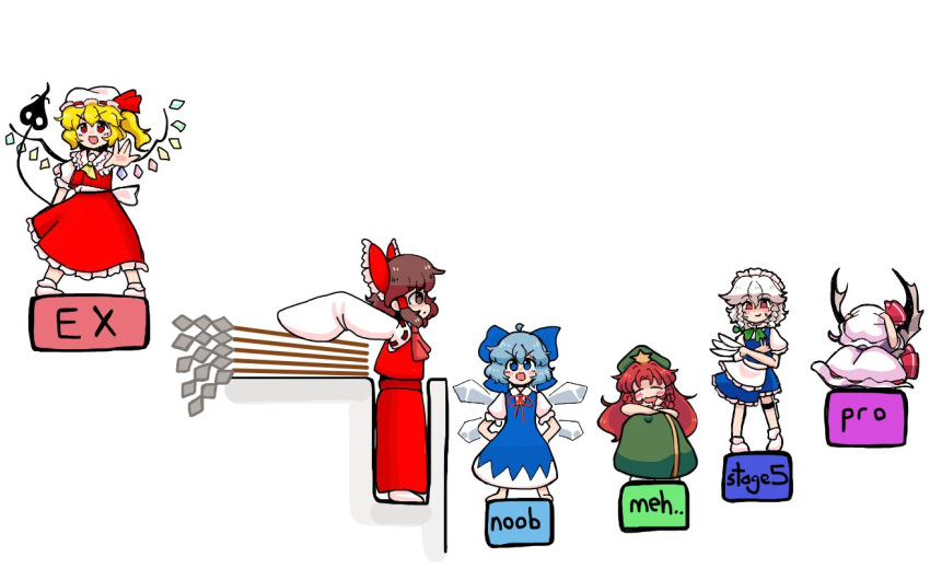6+girls, ahoge, black_wings, blonde_hair, blue_dress, blue_eyes, blue_hair, bow