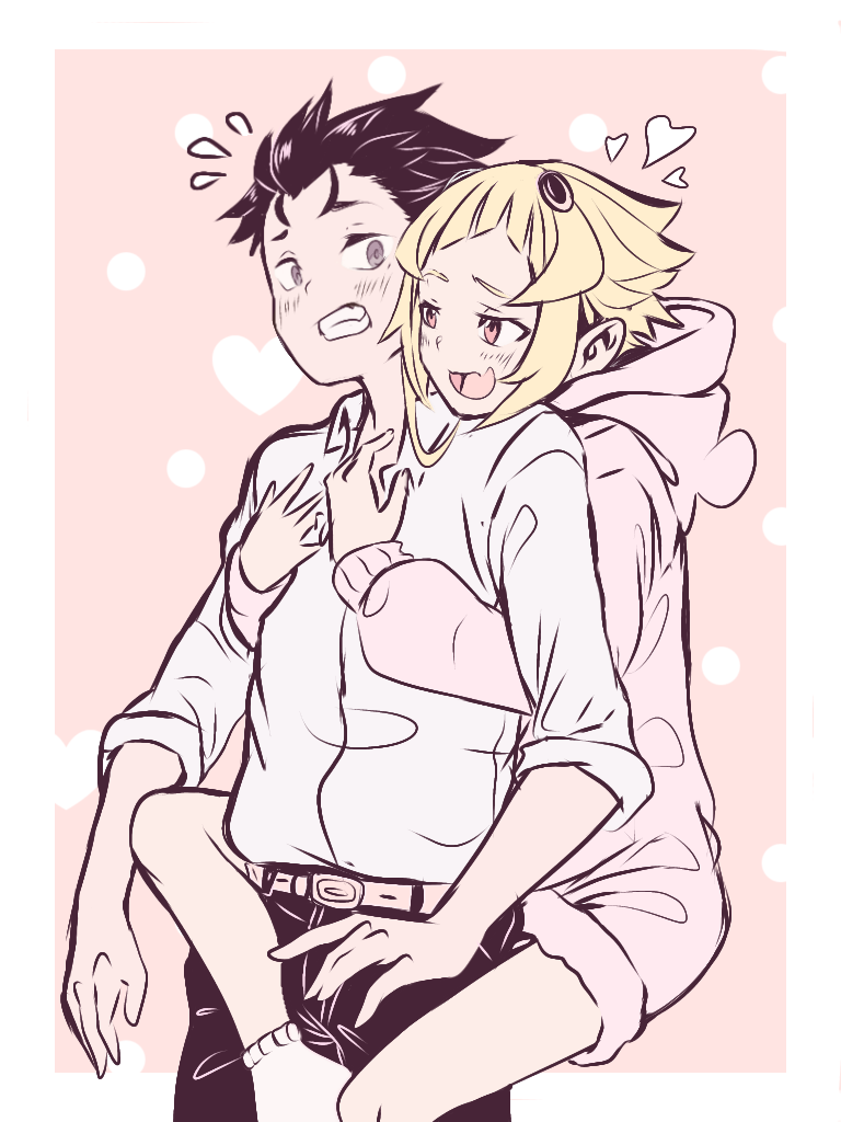 1boy, 1girl, black_hair, black_pants, blonde_hair, capella_emerada_lugnica, carrying, dress_shirt