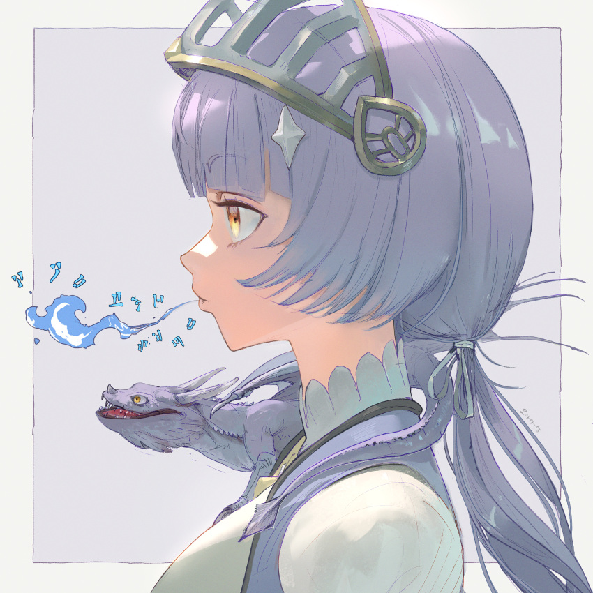 1girl, blue_fire, breath_weapon, breathing_fire, dragon, dragon_on_shoulder, fire, from_side