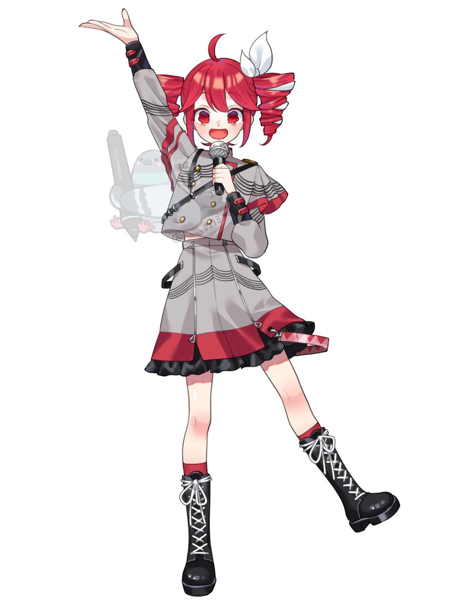 1girl, ahoge, arm_up, belt, black_belt, black_footwear, black_skirt, black_sleeve_cuffs