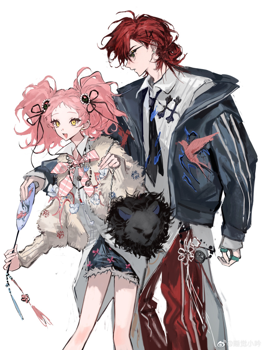 1boy, 1girl, absurdres, animal_bag, bag, belt, black_bag, black_belt