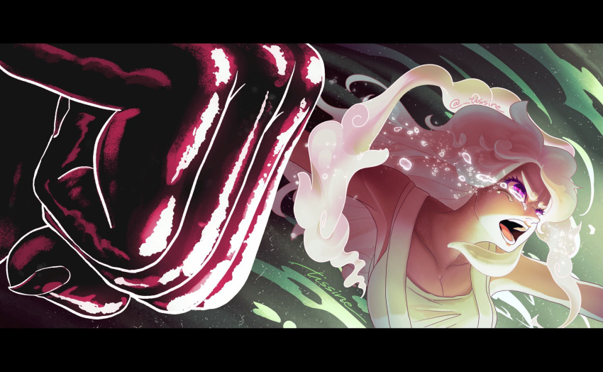 1girl, clenched_hand, hagoromo, highres, incoming_attack, jewelry_bonney, letterboxed, long_hair, looking_ahead, one_piece, open_mouth, pink_eyes, shawl, shirt, signature, solo, tank_top, tears, thick_eyebrows, tissine, upper_body, white_hair, white_shirt, white_tank_top