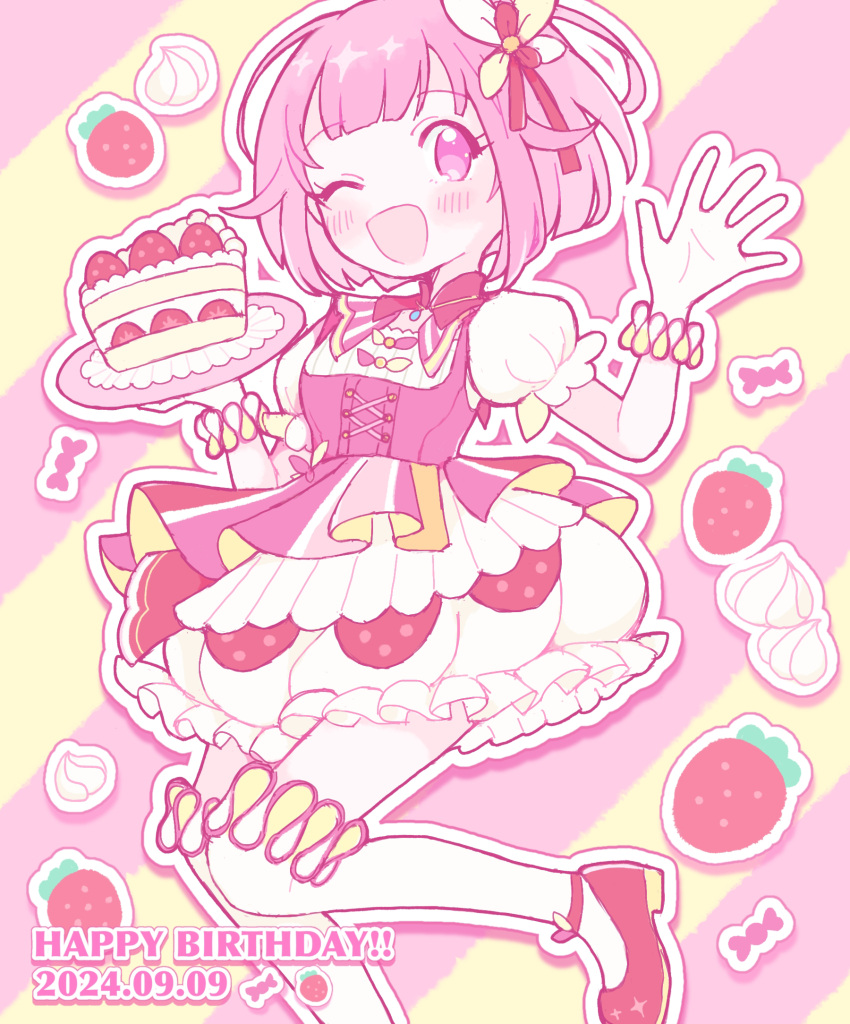 1girl, ;d, blunt_bangs, blush, cake, commentary_request, dated, dress