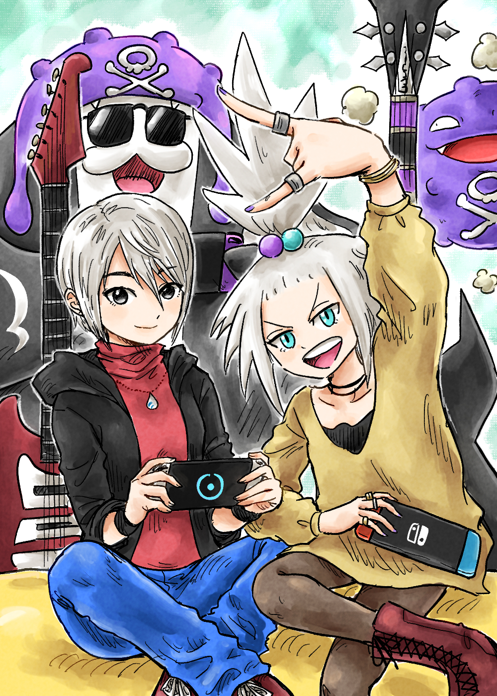 2girls, \m/, alternate_costume, another_code, another_code_recollection, ashley_mizuki_robbins, big_man_(splatoon), blue_eyes