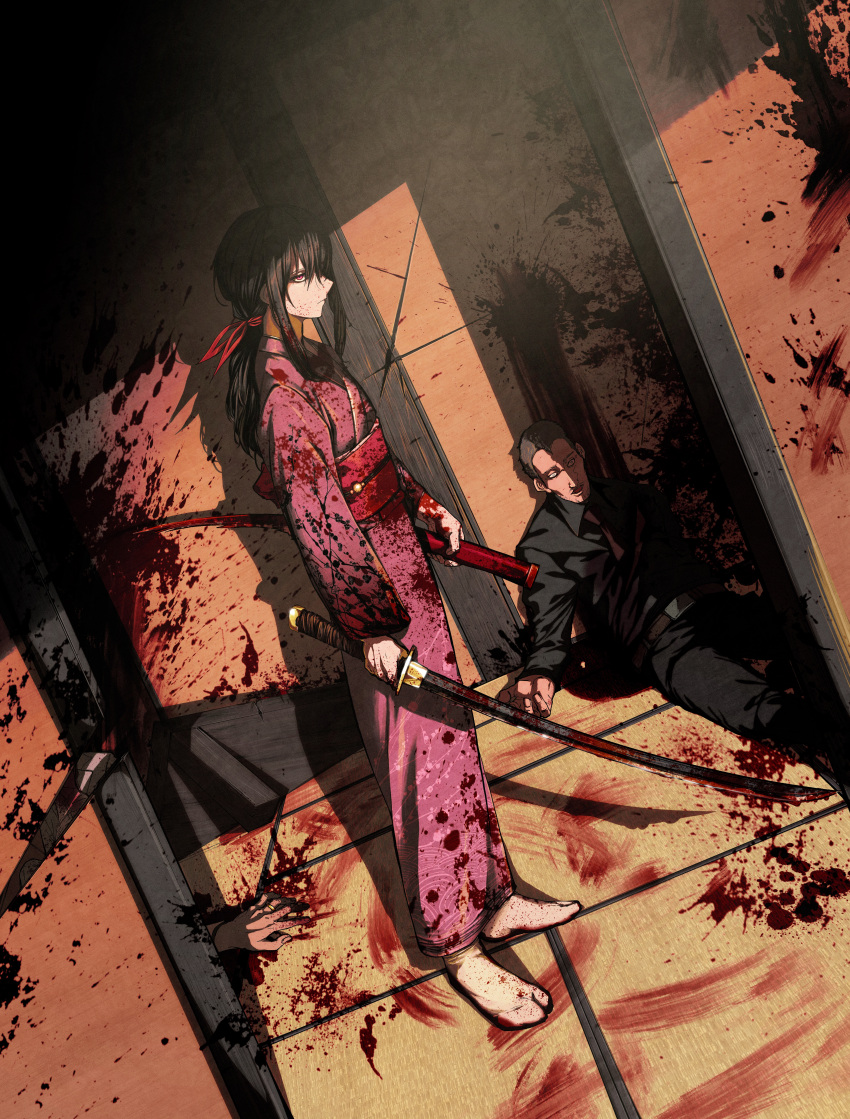 1boy, 1girl, 2boys, absurdres, black_hair, black_suit, blood, blood_on_clothes