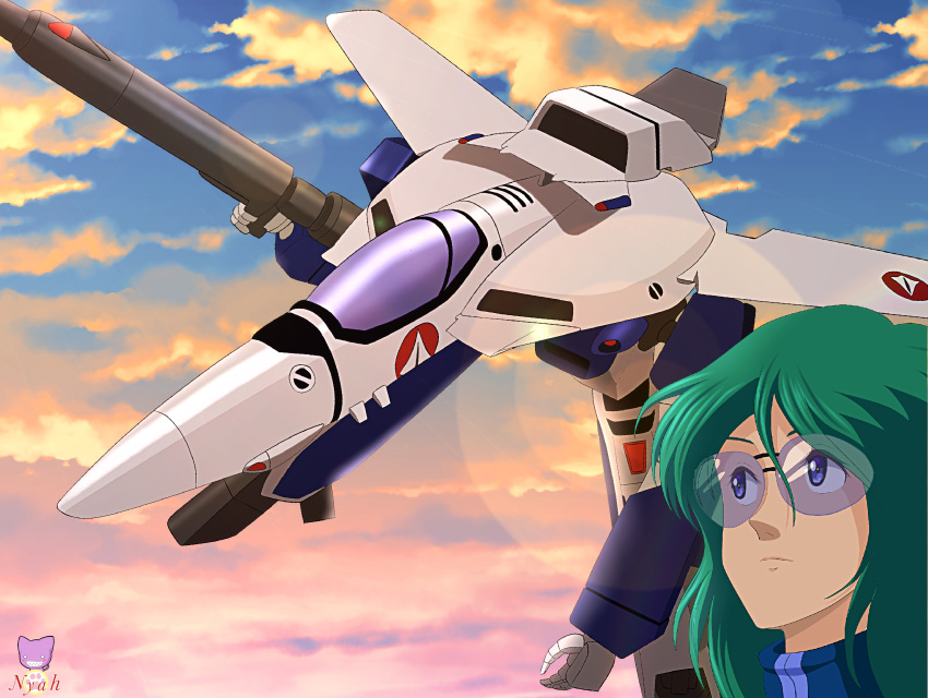 1980s_(style), 1boy, absurdres, blue_eyes, blue_hair, canopy_(aircraft), choujikuu_yousai_macross, clouds