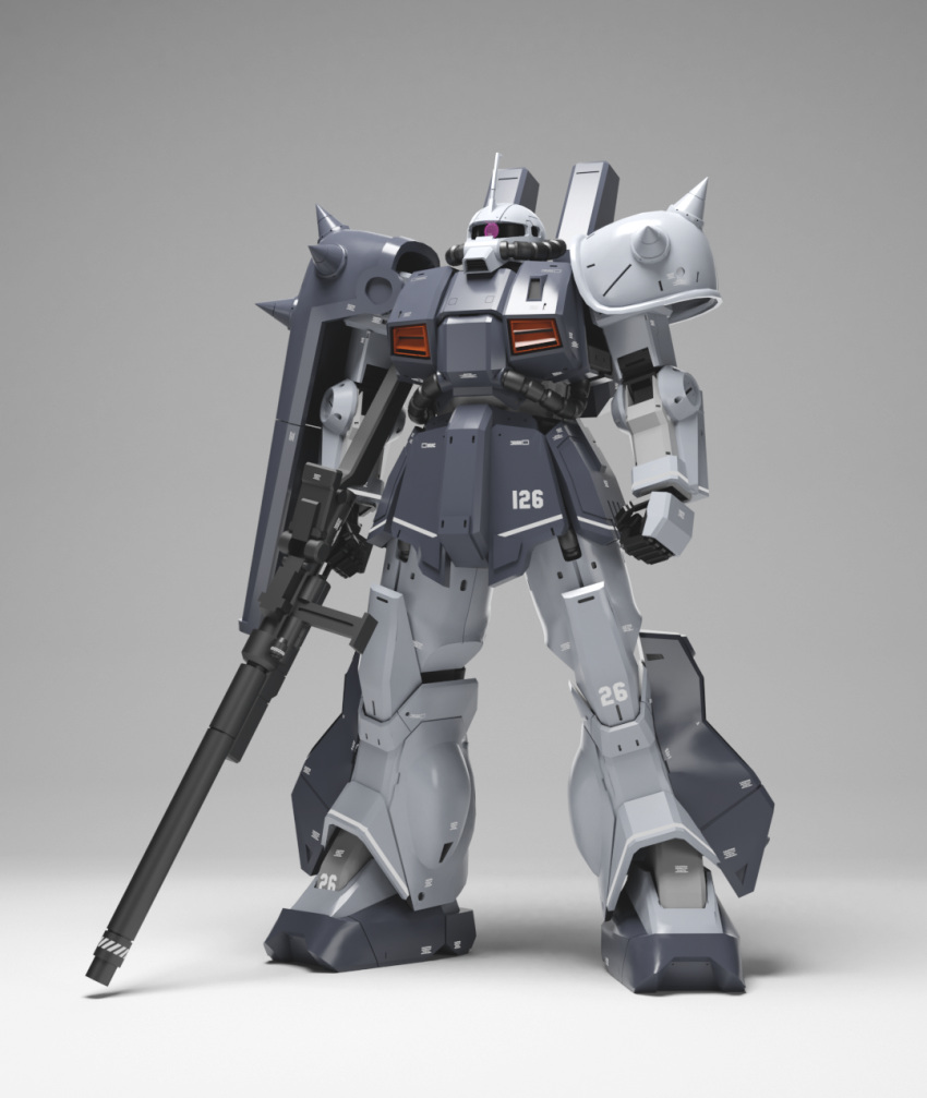 3d, beam_cannon, cable, commentary_request, gassan_(7nan8ku), gradient_background, gundam, gundam_unicorn, highres, hizack_custom, machinery, mecha, mecha_focus, neo_zeon, no_humans, one-eyed, realistic, robot, science_fiction, shield