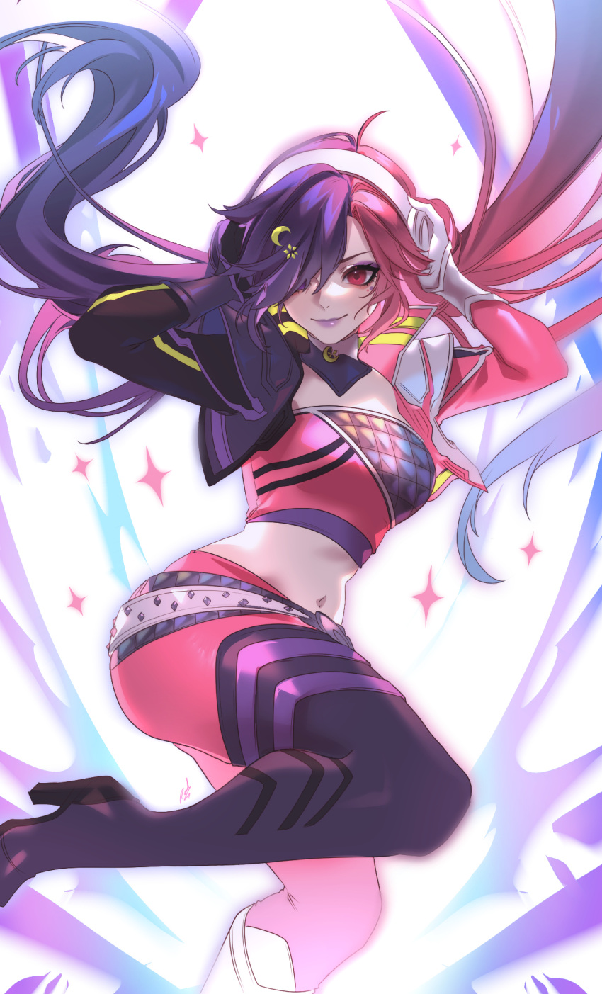 1girl, black_jacket, boots, breasts, crop_top, fingerless_gloves, gloves, headband