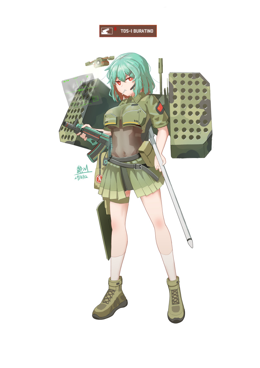 1girl, absurdres, aks-74u, assault_rifle, cropped_shirt, drone, full_body, green_hair