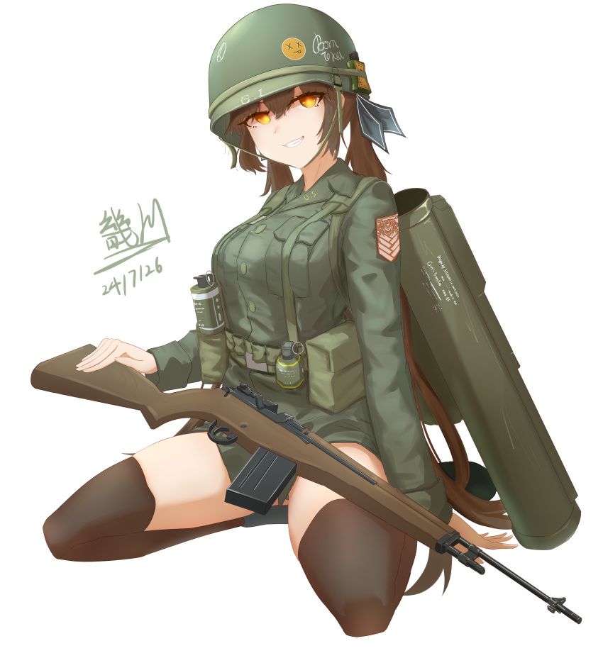 1girl, absurdres, alternate_costume, battle_rifle, black_thighhighs, brown_hair, combat_helmet, dated