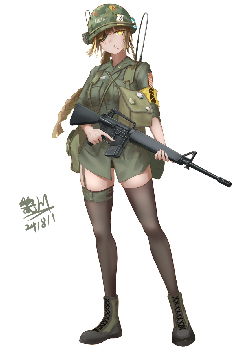 1girl, absurdres, assault_rifle, bag, blonde_hair, braid, card, character_patch