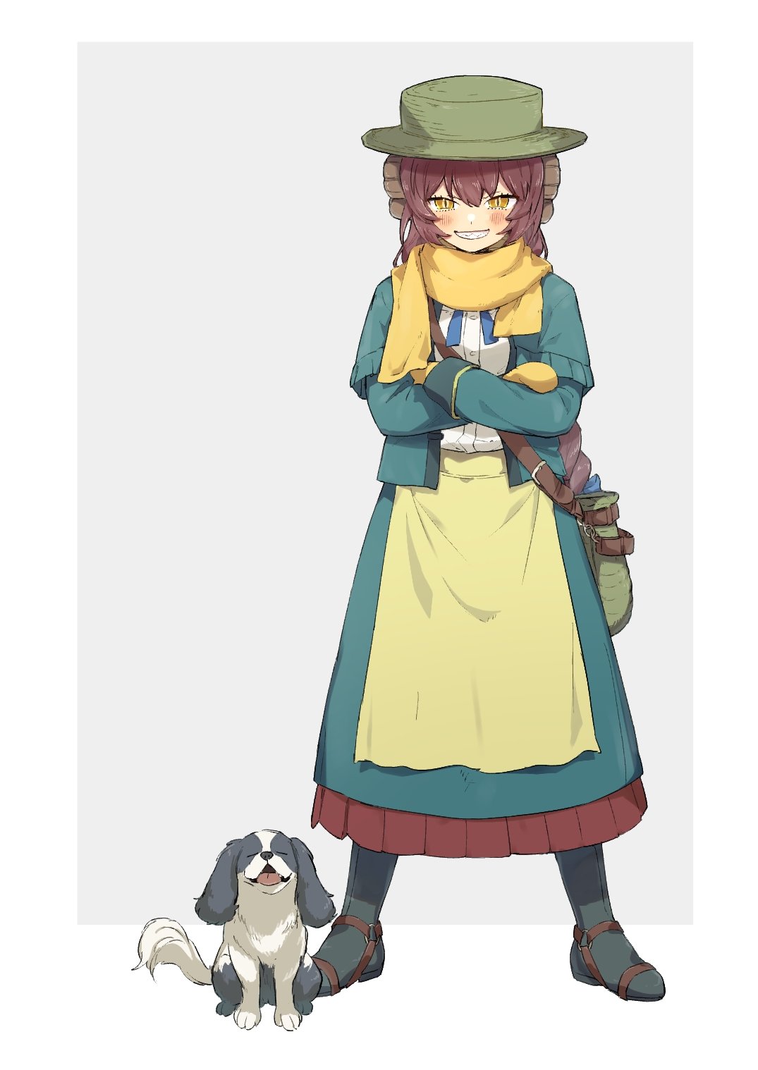 1girl, animal, bag, brown_hair, dog, dress, fate/grand_order, fate_(series), gloves, hat, highres, kabutomushi_s, long_hair, mary_anning_(fate), mary_anning_(second_ascension)_(fate), scarf, sharp_teeth, simple_background, smile, solo, teeth, yellow_eyes, yellow_scarf