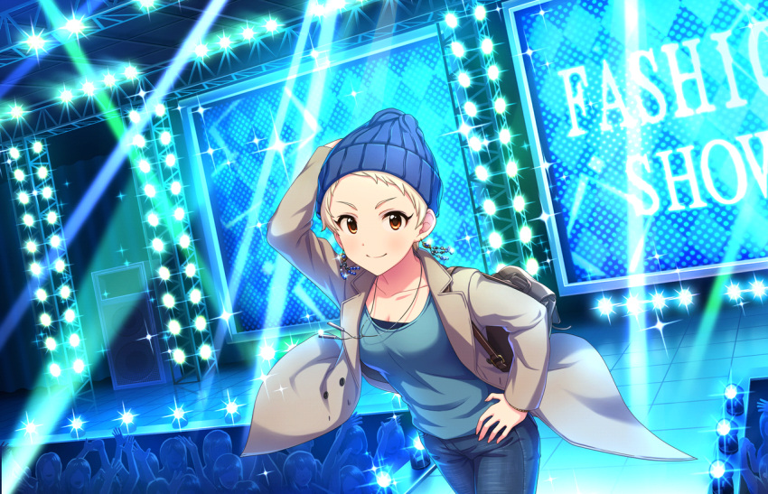 1girl, arms_up, artist_request, beanie, blonde_hair, blue_hat, blue_pants, blue_shirt