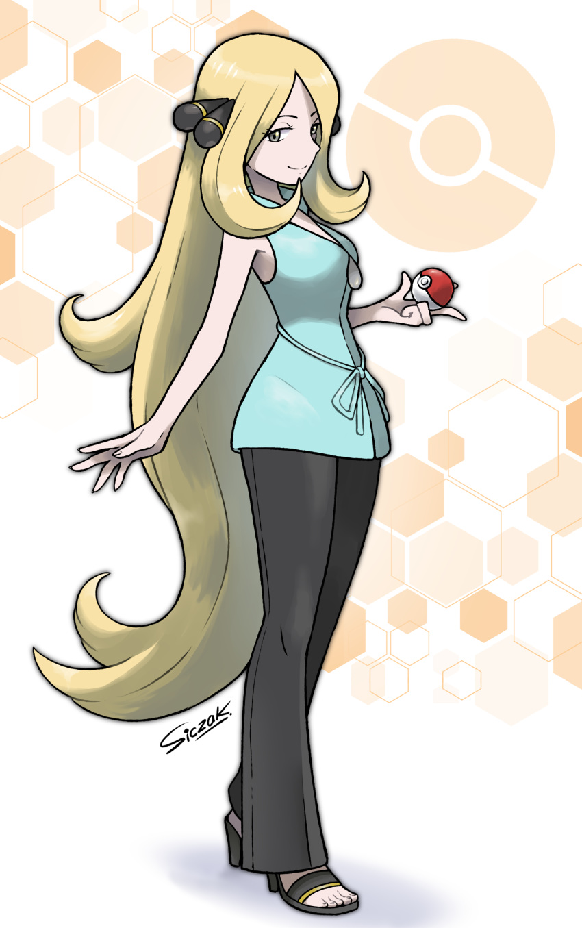 1girl, absurdres, alternate_costume, black_pants, blonde_hair, blue_shirt, breasts, closed_mouth