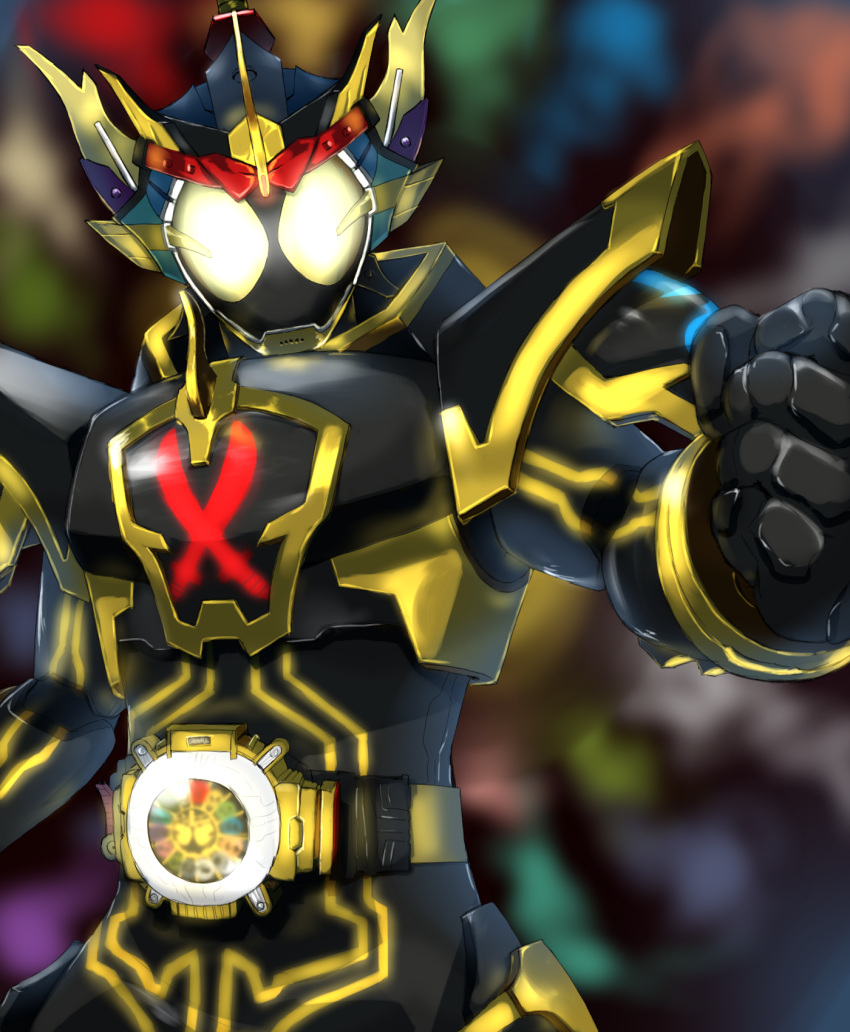1boy, armor, black_armor, black_bodysuit, blurry, blurry_background, bodysuit, clenched_hand