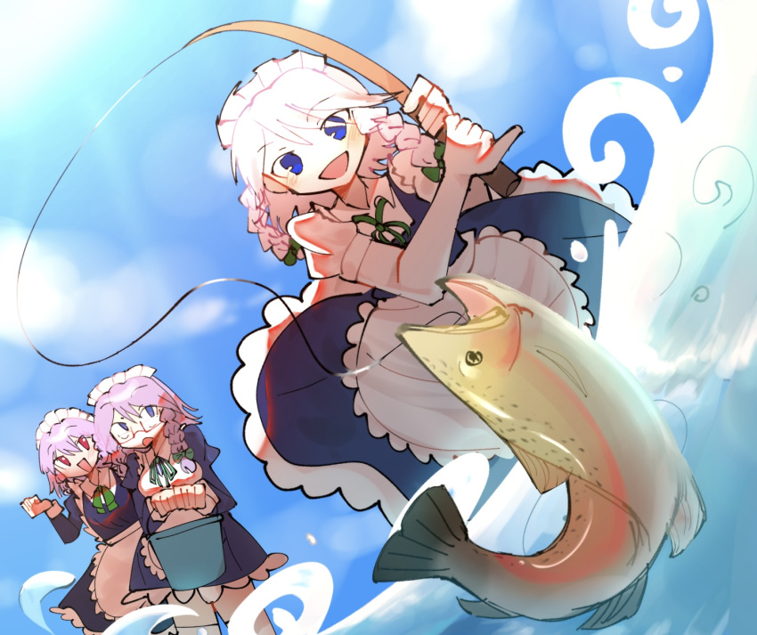 3girls, aika_(cookie), apron, blue_dress, blue_eyes, blue_sky, blush, bow