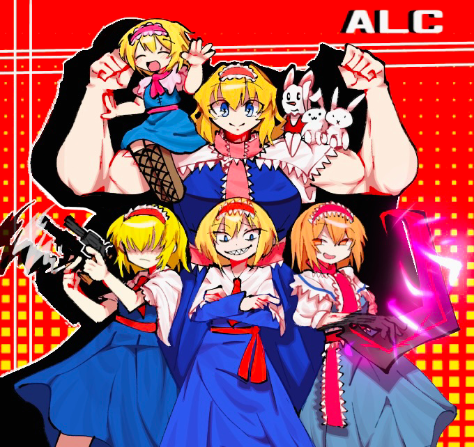 5girls, alice_margatroid, blonde_hair, blue_dress, blue_eyes, bois_de_justice, boots, brown_footwear