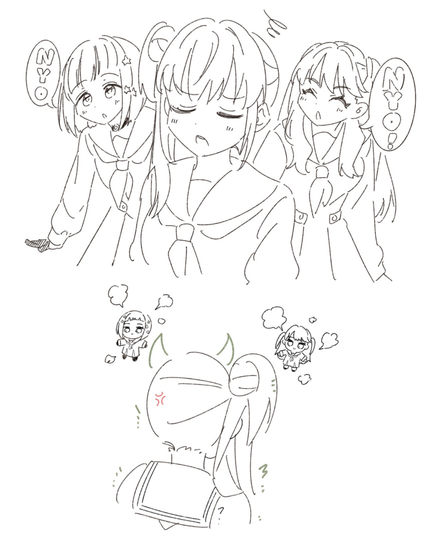 3girls, :o, ?, ^_^, anger_vein, bob_cut, character_doll, choker