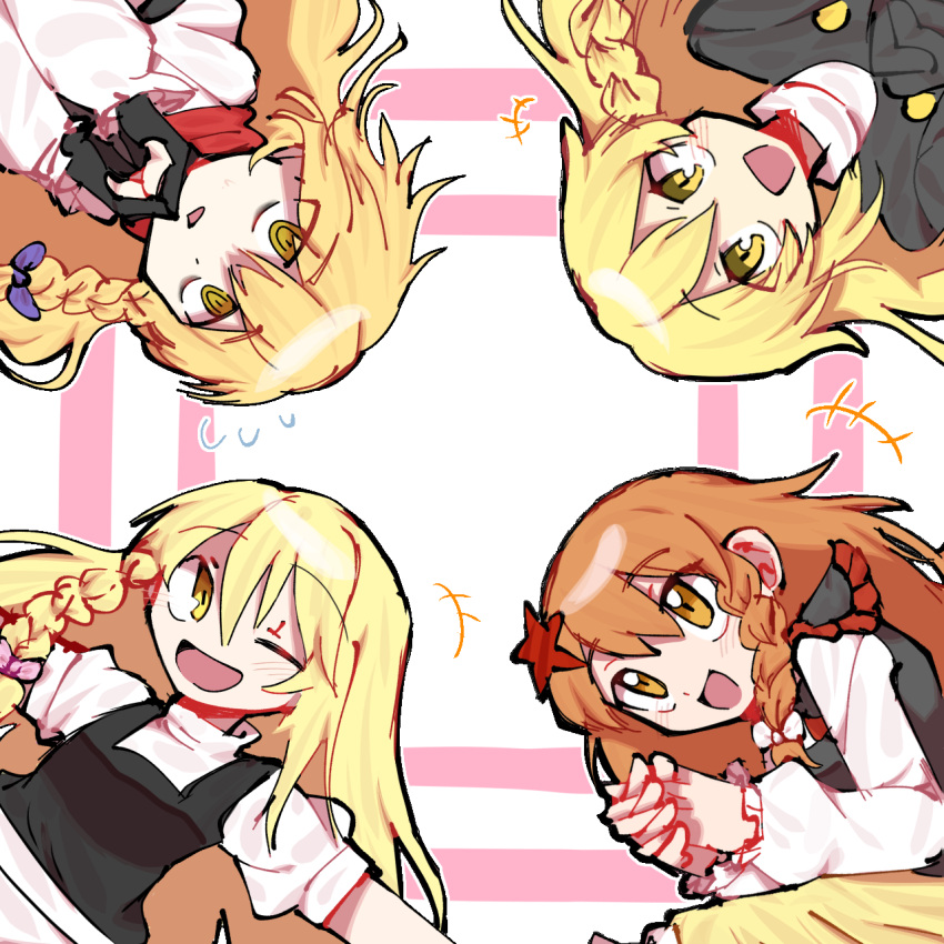 +++, 4girls, azusa_(cookie), black_gloves, black_vest, blonde_hair, blush, bow