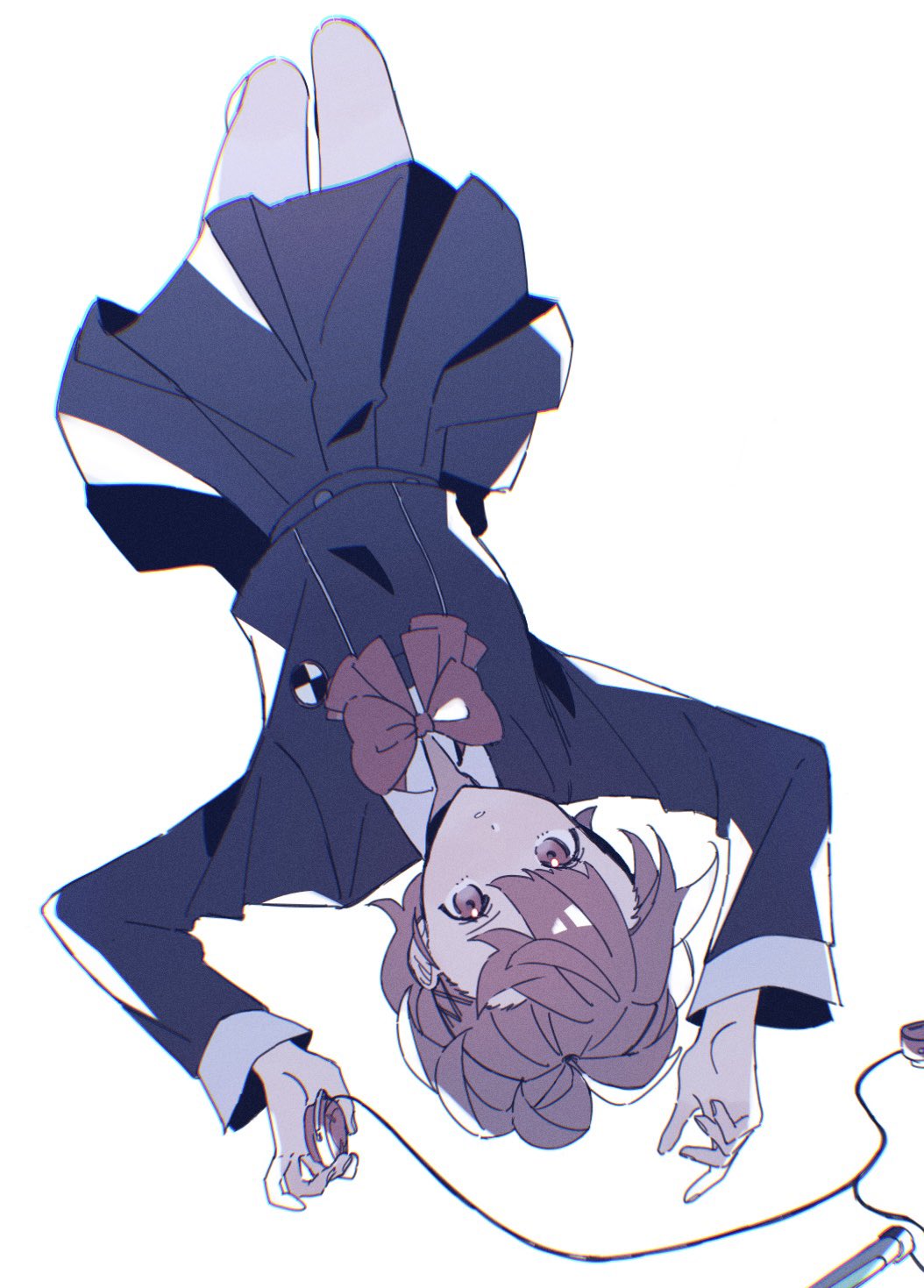 1girl, black_jacket, black_skirt, bow, bowtie, collared_shirt, digital_media_player, fingernails