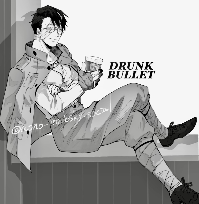 1boy, aono-iro, bandage_over_one_eye, bluesky_username, boots, breast_pocket, buttons, copyright_name