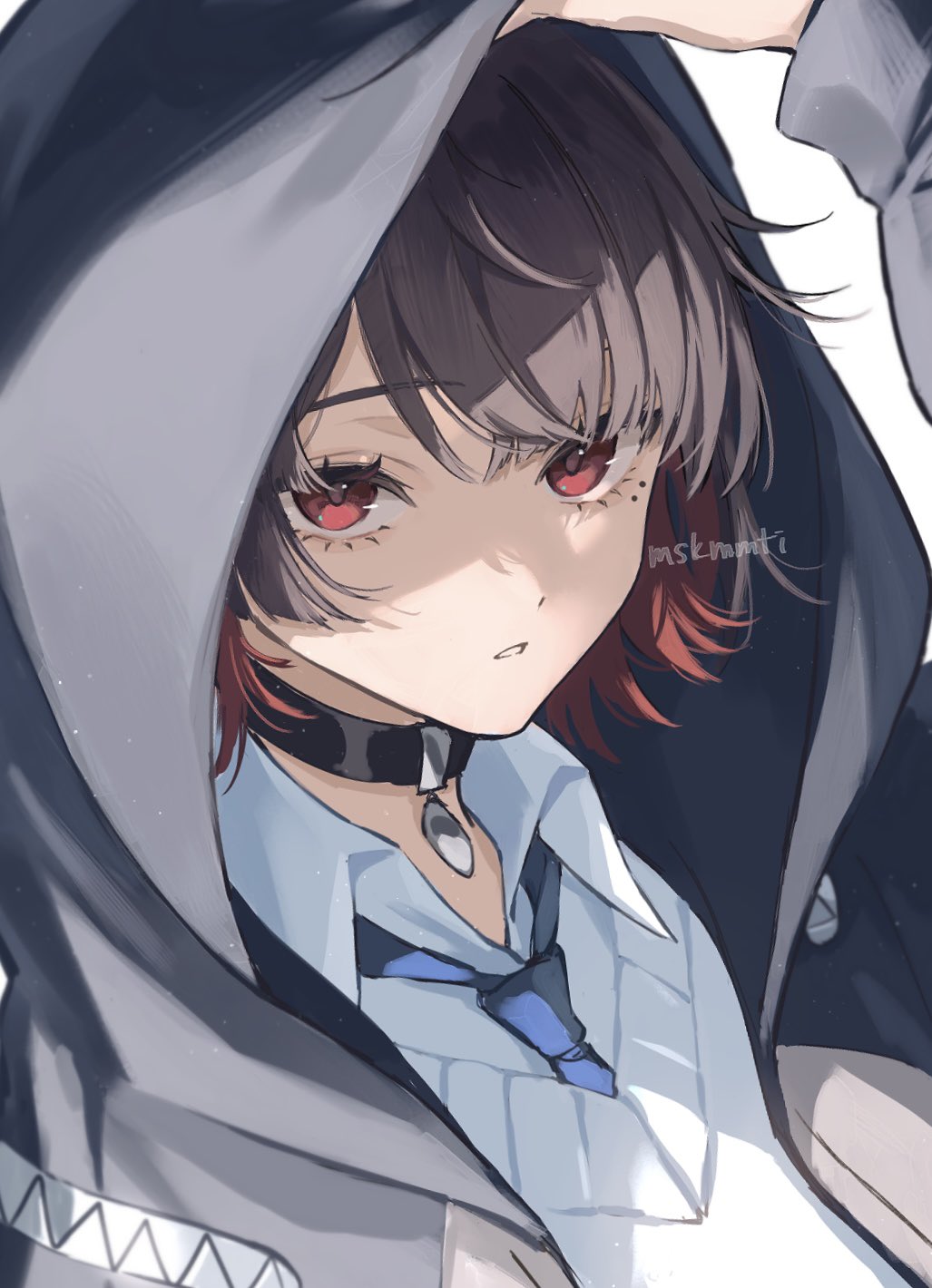 1girl, artist_name, black_choker, black_hair, blue_necktie, choker, collared_shirt, colored_inner_hair