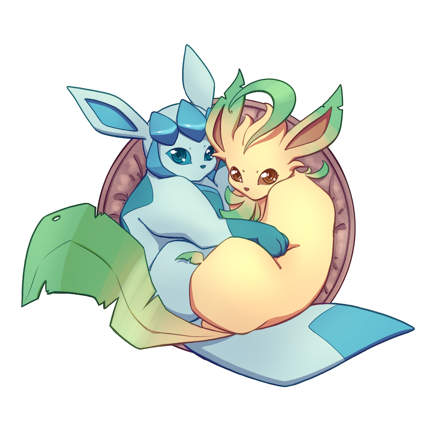 animal_focus, blue_eyes, brown_eyes, cuddling, english_commentary, glaceon, leafeon, looking_at_viewer