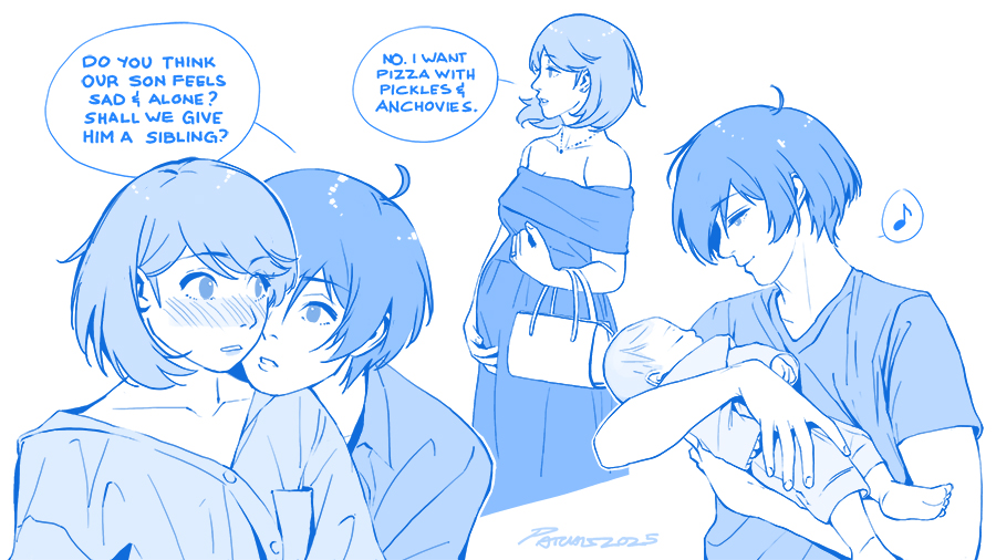 1boy, 1girl, 1other, artist_name, baby, baby_carry, bag, bare_shoulders
