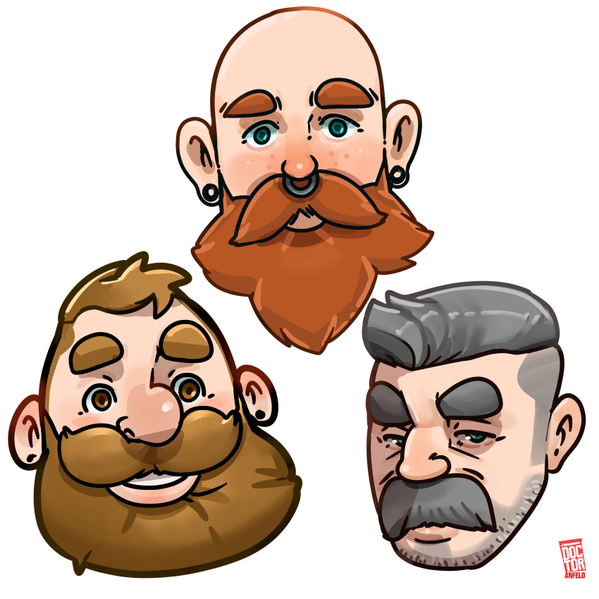 3boys, absurdres, aqua_eyes, bald, beard, beard_stubble, brown_eyes, doctor_anfelo