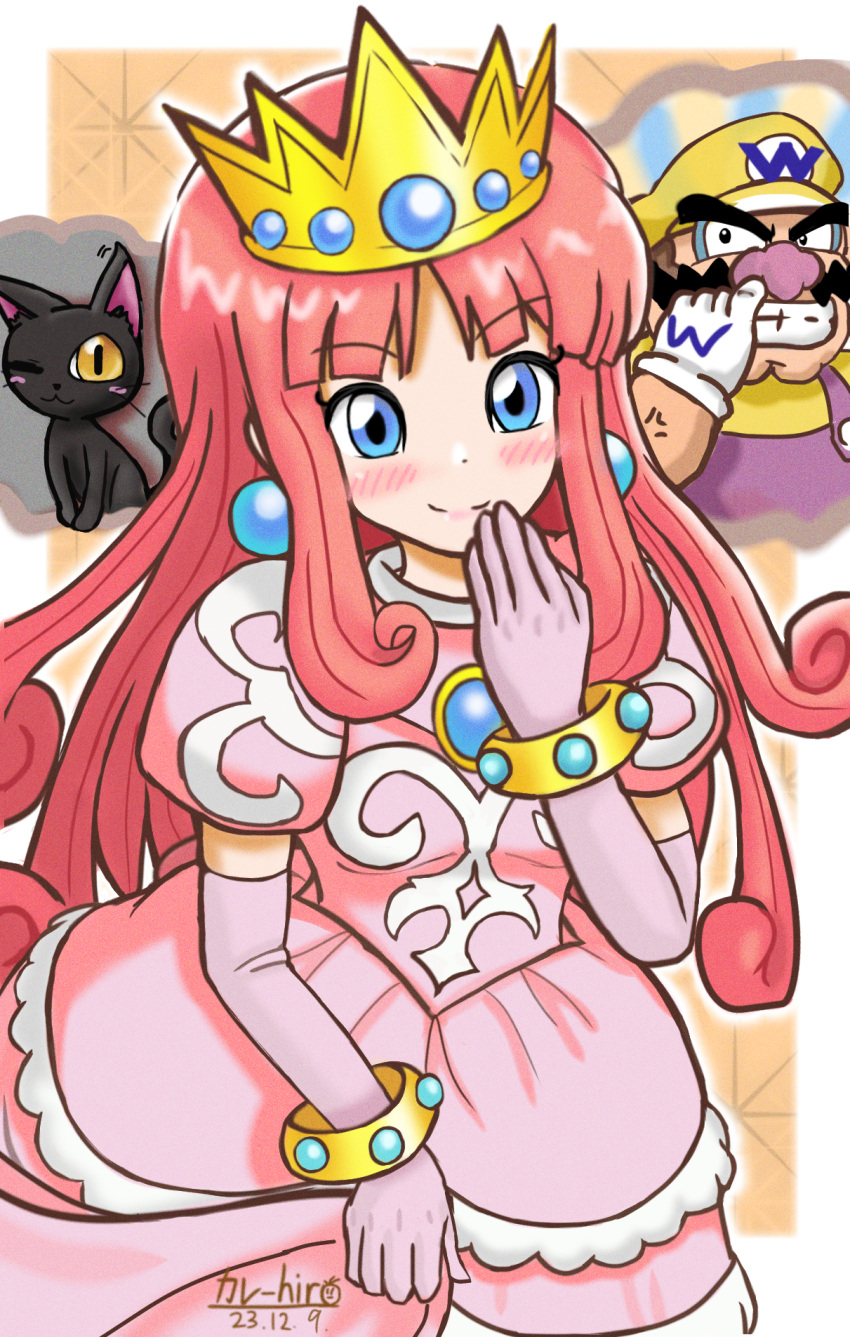 ballhuman, black_cat_(wario_land), black_eyes, blue_eyes, blush, cat, closed_mouth, crown, dated, dress, earrings, elbow_gloves, facial_hair, gloves, hat, highres, jewelry, long_hair, mustache, nose_picking, overalls, pink_dress, pink_gloves, pink_hair, princess_shokora, puffy_short_sleeves, puffy_sleeves, purple_overalls, shirt, short_sleeves, signature, smile, teeth, wario, wario_land, wario_land_4, yellow_hat, yellow_shirt