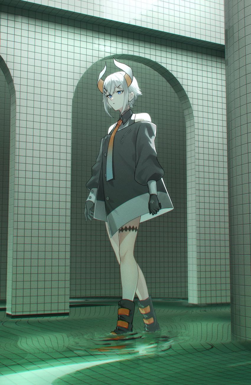 1girl, backrooms_(creepypasta), bare_shoulders, black_gloves, black_horns, blue_eyes, blue_necktie, boots
