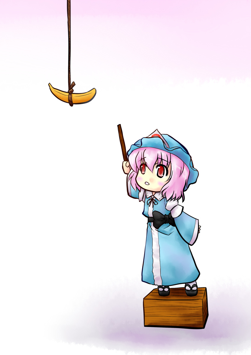 absurdres, banana, blush, box, chibi, food, food_awe, fruit, hat, highres, japanese_clothes, kay-u, pink_hair, red_eyes, rope, saigyouji_yuyuko, short_hair, solo, stick, touhou